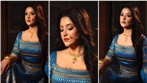 নীল-সোনালী লেহেঙ্গায় পরীমনি